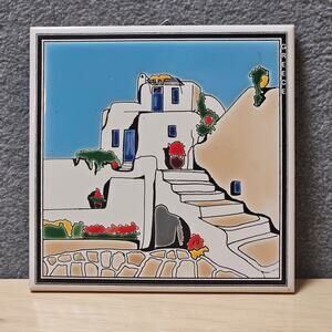 Vintage Greek Souvenir Ceramic Tile Hand Painted Cycladic Island Village Scene